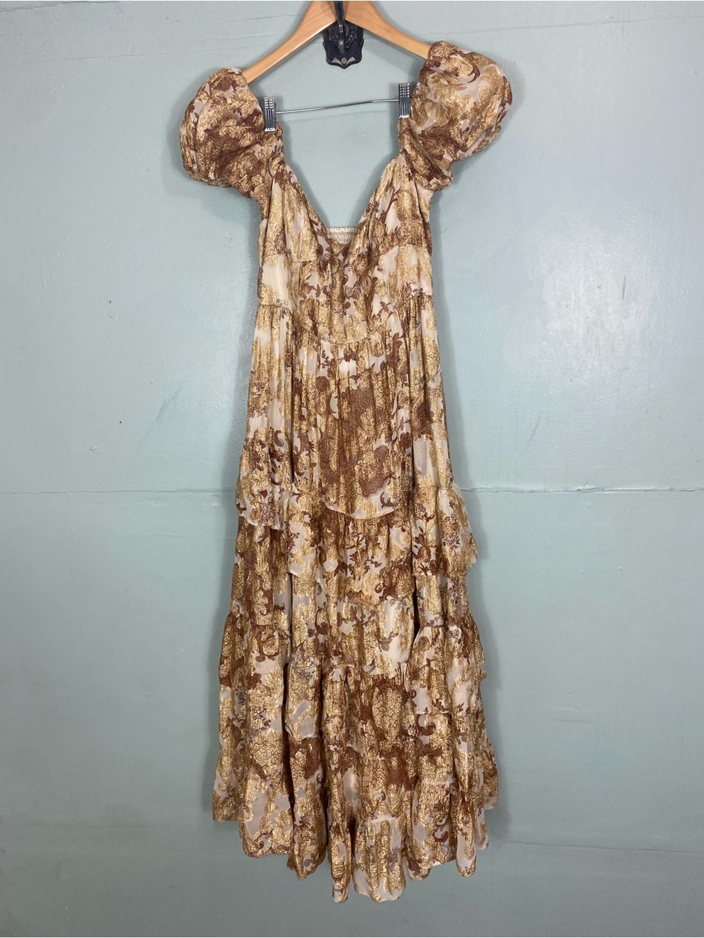 BHLDN Lurex Printed Tiered Puff Sleeve Dress Gold Metallic Size Large - Picture 2 of 11